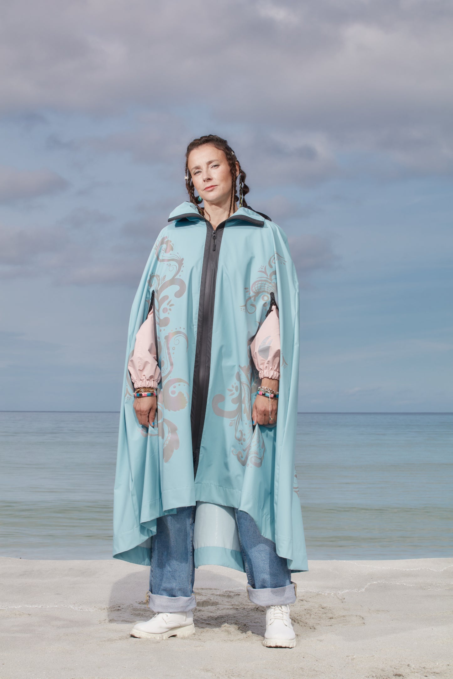 LIGHTWEIGHT LONG RAIN CAPE ROSEMALING REFLEX PASTEL BLUE