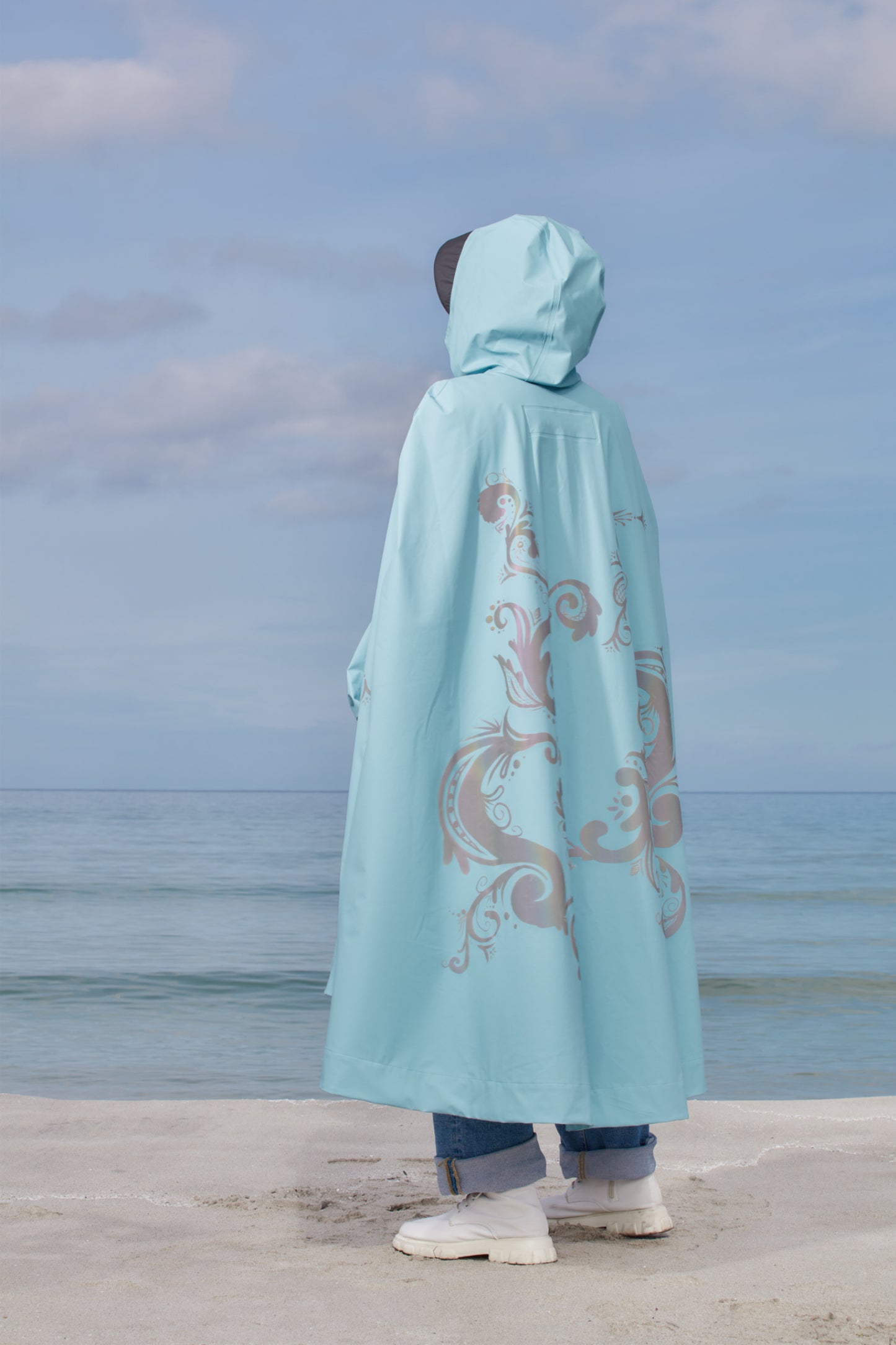 LIGHTWEIGHT LONG RAIN CAPE ROSEMALING REFLEX PASTEL BLUE