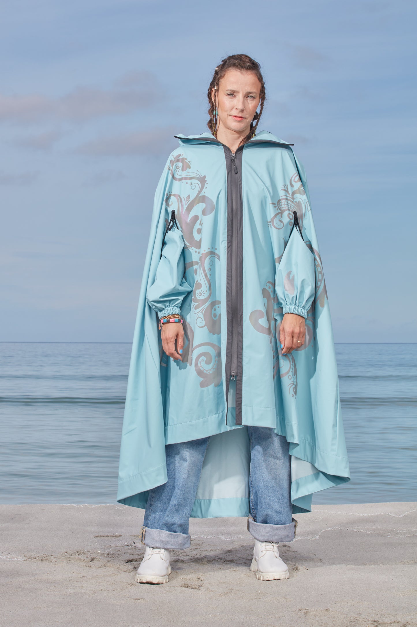 LIGHTWEIGHT LONG RAIN CAPE ROSEMALING REFLEX PASTEL BLUE