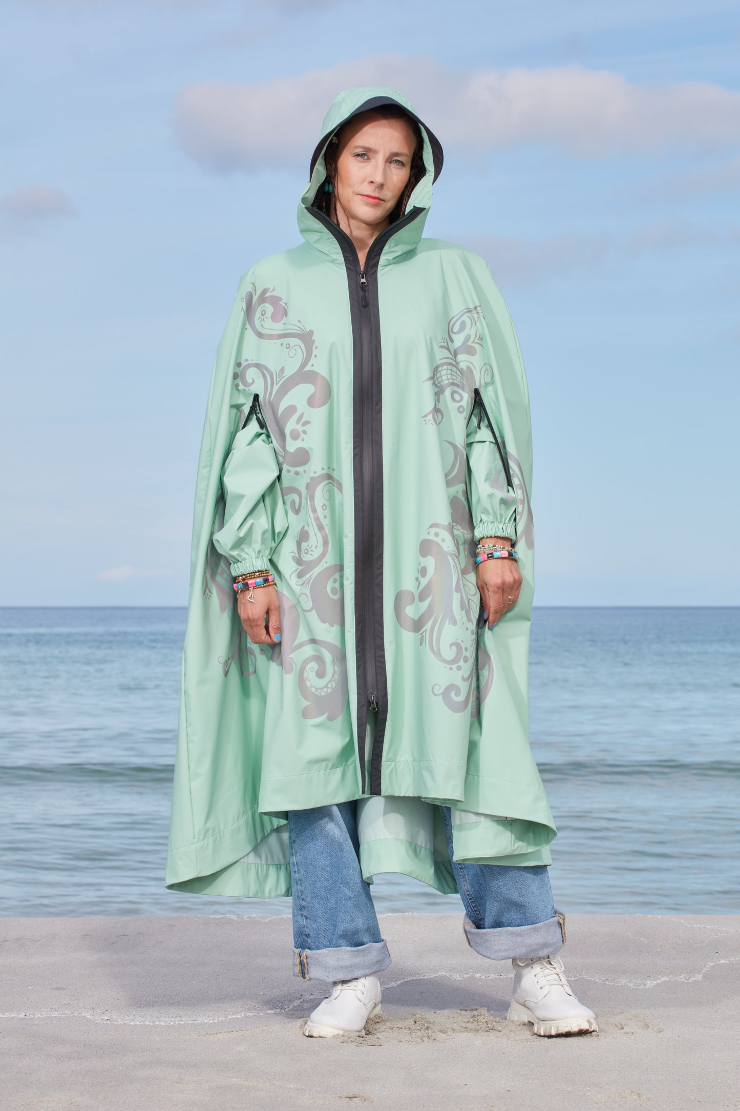 LIGHTWEIGHT LONG RAIN CAPE ROSEMALING REFLEX MINT