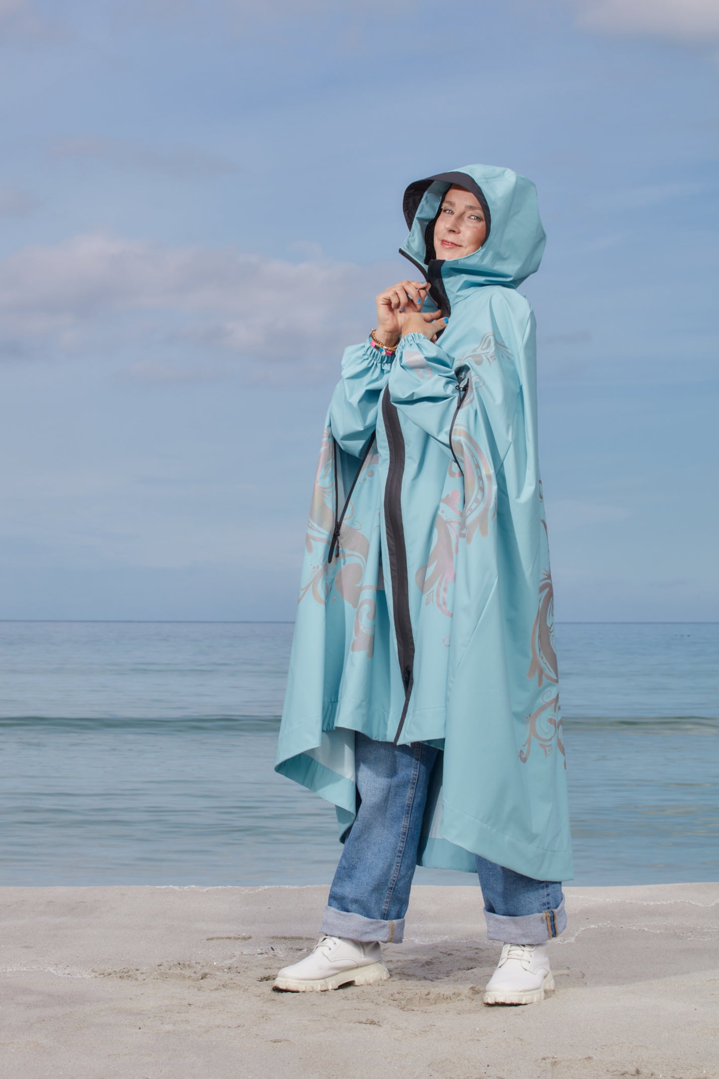 LIGHTWEIGHT LONG RAIN CAPE ROSEMALING REFLEX PASTEL BLUE