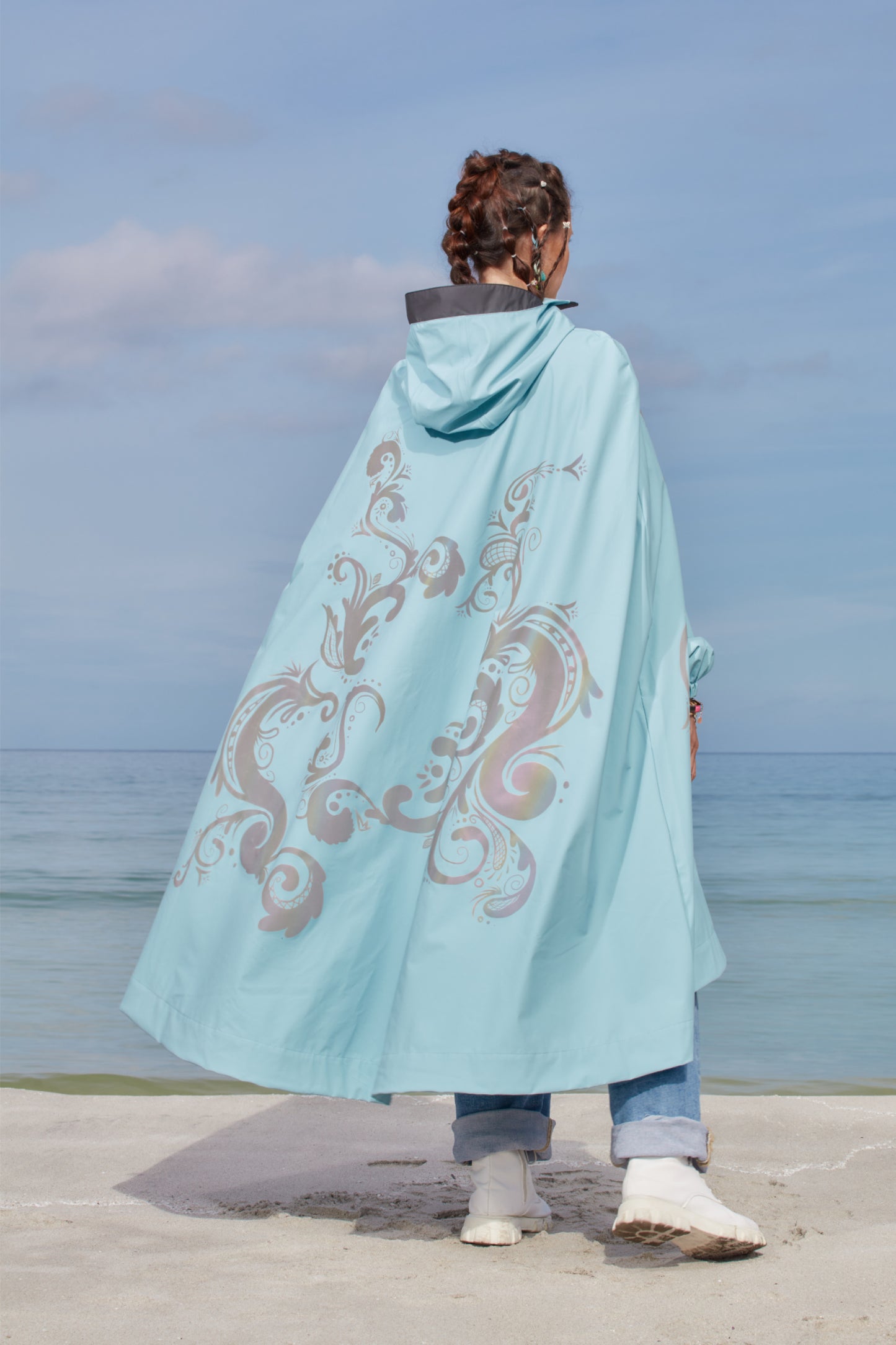 LIGHTWEIGHT LONG RAIN CAPE ROSEMALING REFLEX PASTEL BLUE